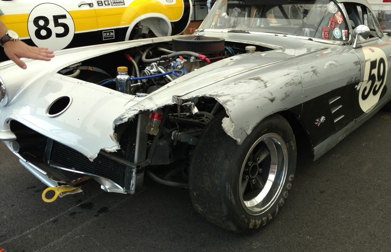 This vette met the wall in the first race, got put back together, started the second race in last and worked its way up to third in only 11 laps.